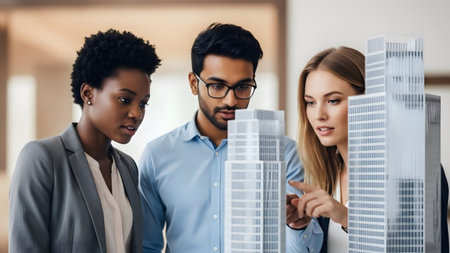 Professionals showing multiethnic group of professionals reviewing skyscraper architectural...の写真素材
