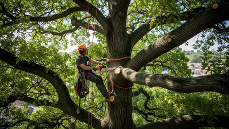 A tree surgeon wearing a helmet and harness operates a chainsaw while working on the branches of...