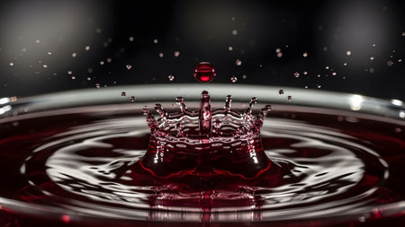Background showing red wine splash in shallow dish with ripples and dark background.の写真素材