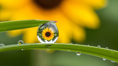 A single water droplet on a blade of green grass reflects a miniature yellow sunflower, with a...の写真素材