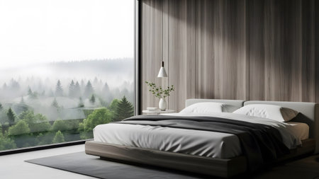 Misty showing modern bedroom with large window overlooking misty forest landscape and wooden...の写真素材