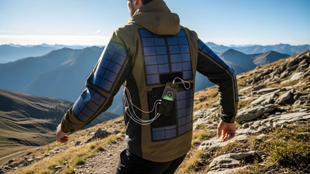 A man in a solar-powered jacket walks on a mountain trail, charging his phone with visible cables.の写真素材