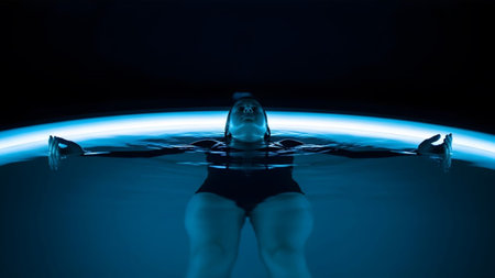 showing person floating in dark water with blue light illuminating the surface and body....の写真素材