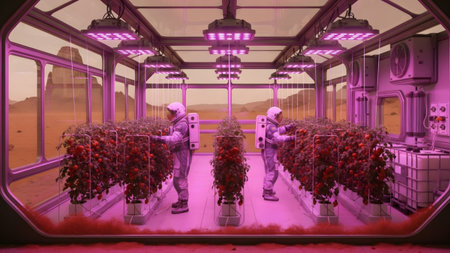 Tomatoes showing two astronauts in a glass greenhouse on mars tending to rows of ripe red...の写真素材