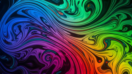Paint showing swirling colorful liquid paint in a vibrant rainbow gradient with smooth, flowing...の写真素材