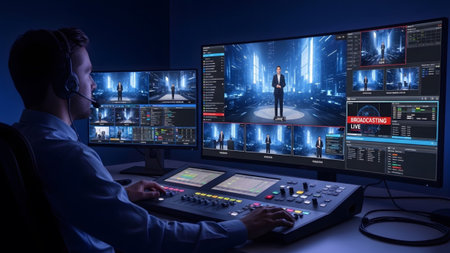 showing man in dark shirt operates broadcast control panel with multiple screens showing...
