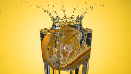 Orange slices are captured mid-splash in a glass of water against a bright yellow background...