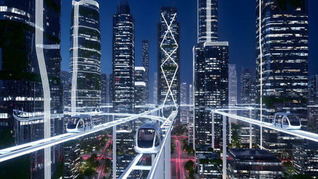 showing modern city at night with elevated transit system and illuminated skyscrapers in a...