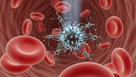 A detailed 3D a complex virus particle with spiky appendages amidst numerous red cells within a...