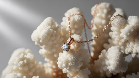 Pendant showing single diamond pendant necklace with rose gold chain draped on a textured white...の写真素材