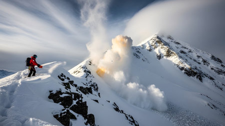 Triggering showing mountain rescue specialist deploys explosive charge on a snow-covered...の写真素材
