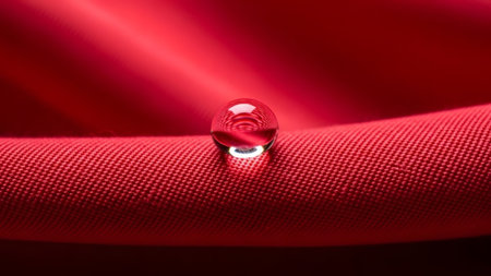 A single clear water droplet sits on a textured red fabric surface, reflecting light and...の写真素材