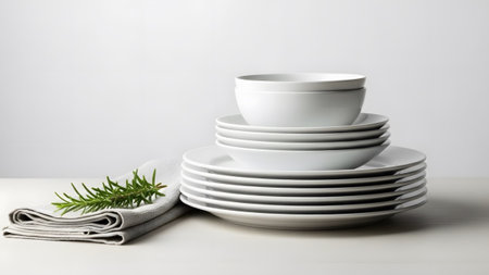 White ceramic plates and bowls are stacked, accompanied by a folded gray napkin and a sprig of...