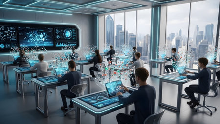With showing students in a futuristic classroom engaged with holographic and digital learning...