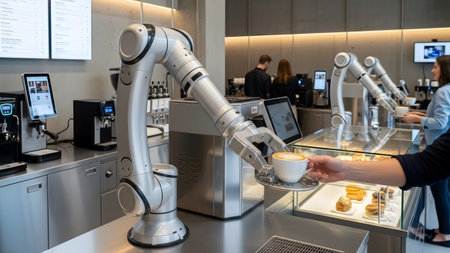 Robotic showing robotic arm serving a cup of coffee in a modern cafe with customers in the...