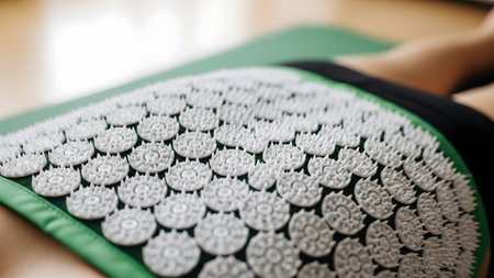 A person lies on an acupressure mat with a green border, white spikes covering their lower back.の写真素材