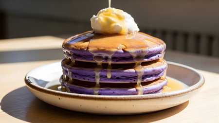 A close-up of purple pancakes stacked dripping with syrup and topped with cream....の写真素材
