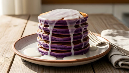 Purple pancakes are stacked and covered in dripping white icing on a wooden surface.......の写真素材