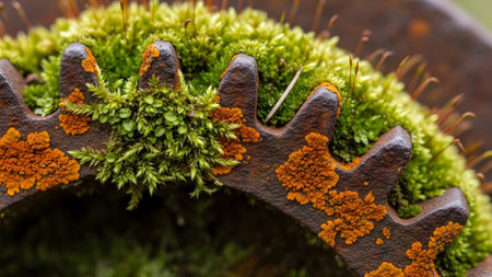 Detailed macro shot of a rusty metal cogwheel covered in dense green moss and patches of bright...の写真素材