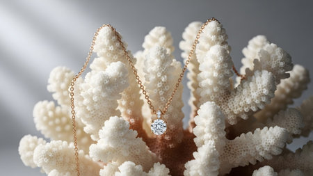 Pendant showing rose gold diamond solitaire pendant necklace resting on white coral against a...の写真素材