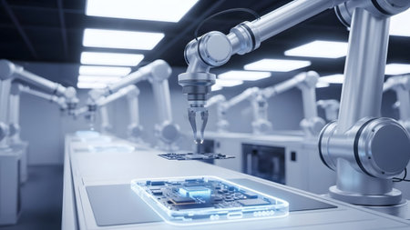 Robotic showing robotic arms assembling a smartphone circuit board on a futuristic assembly line...