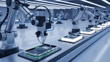 Robotic showing robotic arms assembling smartphones on a futuristic assembly line with circuit...