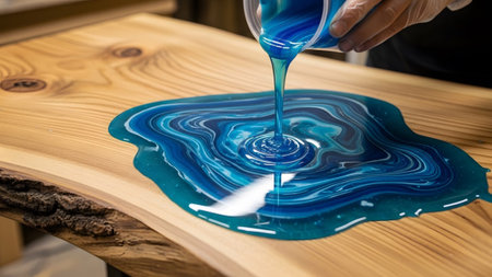 Blue resin is poured onto a wooden surface, creating swirling patterns and a liquid river effect.の写真素材