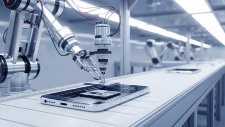 A robotic arm precisely places a component onto a smartphone on a white conveyor belt in a...