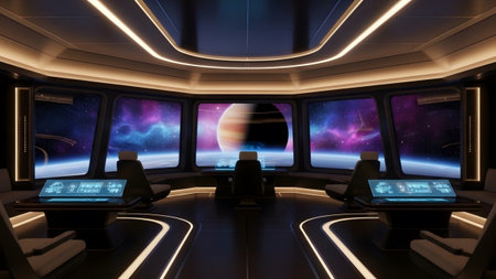 showing spaceship bridge with panoramic windows showing a vibrant nebula and a large...の写真素材