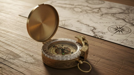 An ornate vintage brass compass with its lid open is placed on a wooden table beside a detailed...