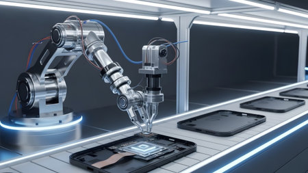 Robotic showing robotic arm assembling electronics on a futuristic production line.