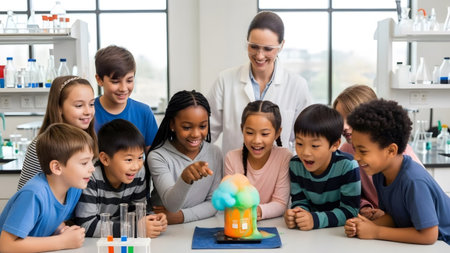 Diverse showing teacher and diverse group of happy elementary students observing a science...