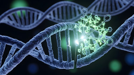 Strand showing tweezers holding a glowing green molecular structure on a dna double helix...