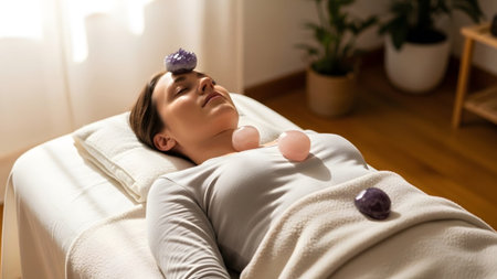 A woman lies on a massage table with smooth pink and purple crystals placed on her chest and...の写真素材