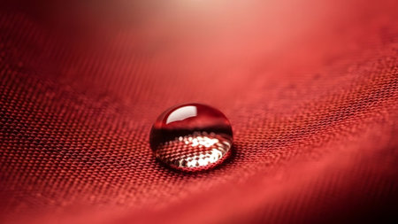 Detail showing single water drop with reflections on a red textured fabric surface in macro...