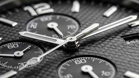 Carbon showing silver hands and markers on a black carbon fiber watch dial with sub-dials.