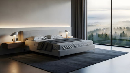 Misty showing serene modern bedroom with large window and misty forest view. resolution...の写真素材