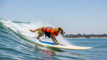 Vest showing surfing dog wearing orange life vest rides ocean wave under clear blue sky.の写真素材