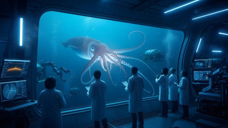 Squid showing scientists in lab coats observe giant squid and submersible in underwater research...の写真素材