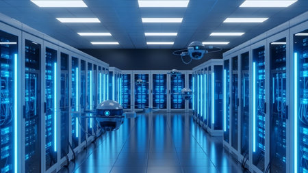 Spheres showing robotic spheres and drones in a server room with rows of glowing blue server...