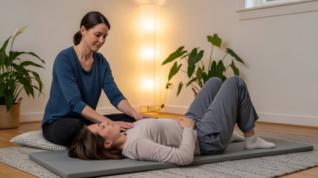 showing therapist with hands on patient chest during a relaxation session in a bright...の写真素材