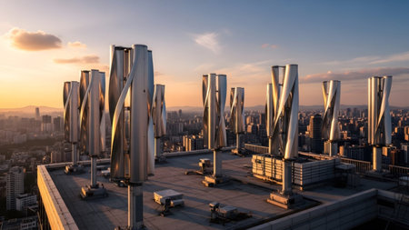 showing rooftop view of many vertical axis wind turbines against a city skyline at sunset....