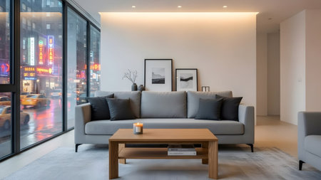 Gray showing stylish living room with gray sofa and candle on coffee table, city lights outside....