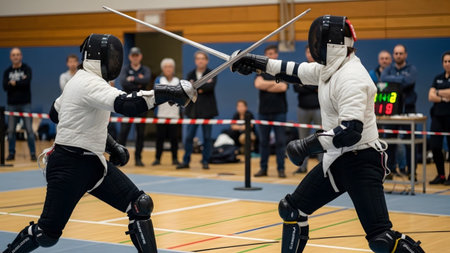 showing two fencers in protective gear with masks and swords clash in a gymnasium with...