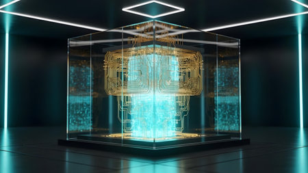 A transparent cube showcases a glowing blue and gold circuit board with detailed wiring, set...の写真素材