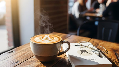 showing sunlit cup of coffee with latte on a wooden table beside an open book and...の写真素材