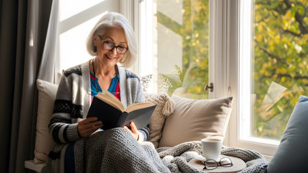 Colors showing smiling senior woman with gray hair reading a book near a window with autumn...の写真素材