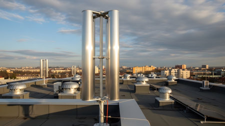 Wind showing silver vertical axis wind turbine on a flat rooftop with city skyline background....の写真素材