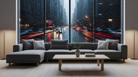 Sofa showing spacious sectional sofa and coffee table in a modern room with a rainy city view....の写真素材