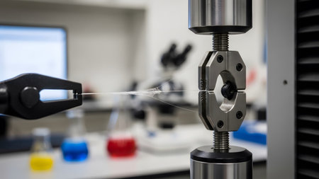 A scientific testing machine's metal grips hold a thin fiber taut in a laboratory environment...の写真素材